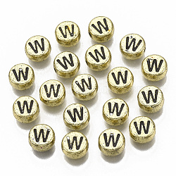 Plating Acrylic Beads, Horizontal Hole, Flat Round with Letter, Golden Plated, Black, Letter.W, 7x4mm, Hole: 1.2mm.(X-PACR-CD0001-W)