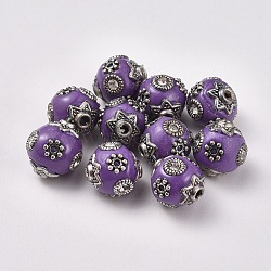 Handmade Indonesia Beads, with Metal Findings and Crystal Rhinestones, Round, Antique Silver, Purple, 11x10~11mm, Hole: 1.5~2mm(IPDL-P003-02L)