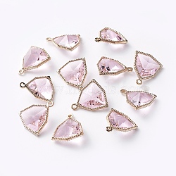Glass Pendants, with Eco-Friendly Alloy Open Back Berzel Findings, Faceted, Triangle, Light Gold, Pink, 17x14.5x7mm, Hole: 1.2mm(GLAA-A037-F-09KC)