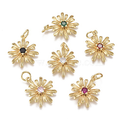 Brass Micro Pave Cubic Zirconia Pendants, with Jump Ring, Long-Lasting Plated, Flower, Real 18K Gold Plated, Mixed Color, 17x15x3mm, Hole: 3mm(ZIRC-F111-01G)