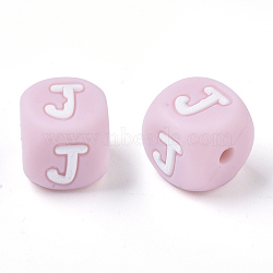 Food Grade Eco-Friendly Silicone Beads, Horizontal Hole, Chewing Beads For Teethers, DIY Nursing Necklaces Making, Letter Style, Cube, Pink, Letter.J, 10x10x10mm, Hole: 2mm(SIL-R011-10mm-04J)