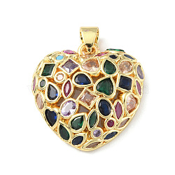 Brass Micro Pave Cubic Zirconia Pendants, Long-Lasting Plated, Real 18K Gold Plated, Cadmium Free & Lead Free, Heart, Colorful, 25.5x24.5x7mm, Hole: 4.5x4mm(KK-P233-08G)