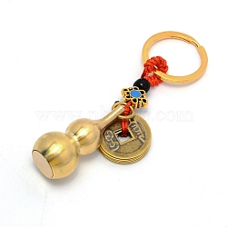 Zinc Alloy Copper Cash Keychains, with Split Key Rings, Gourd & Chinese Knot, Golden, 10cm(KEYC-WH0018-13G)