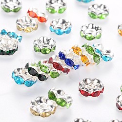 Rhinestone Spacer Beads, Grade A, Mixed Color, Silver Color Plated, Nickel Free, Size: about 8mm in diameter, 3.8mm thick, hole: 1.5mm(RSB030NF)