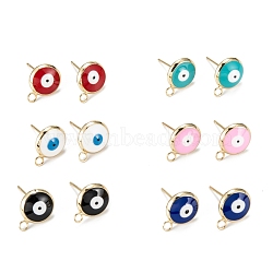 Eco-Friendly Brass Enamel Stud Earring Findings, with Loops, Real 18K Gold Plated, Flat Round with Eviel Eye, Mixed Color, 13x10mm, Hole: 1.8mm, Pin: 0.7mm(KK-H761-02G)