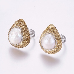 304 Stainless Steel Rings, with Polymer Clay Rhinestone and Pearl, teardrop, Size 8, Platinum, Goldenrod, 18mm(RJEW-E059-21A)