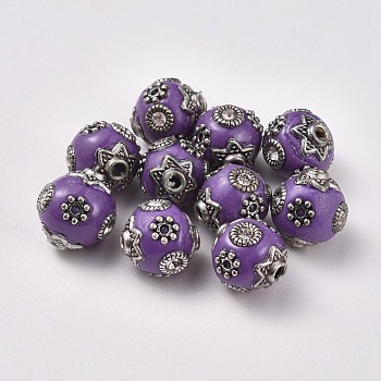 Handmade Indonesia Beads, with Metal Findings and Crystal Rhinestones, Round, Antique Silver, Purple, 11x10~11mm, Hole: 1.5~2mm