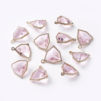 Glass Pendants, with Eco-Friendly Alloy Open Back Berzel Findings, Faceted, Triangle, Light Gold, Pink, 17x14.5x7mm, Hole: 1.2mm