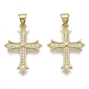 Brass Micro Pave Clear Cubic Zirconia Pendants, with Brass Snap on Bails, Nickel Free, Cross, Real 14K Gold Plated, 24x17x2mm, Hole: 5x3mm