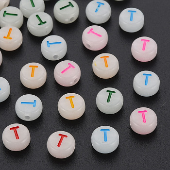 Acrylic Beads, Glow in the Dark, with Enamel and Luminous, Horizontal Hole, Flat Round with Alphabet, Letter.T, 6.5x7x4mm, Hole: 1.6mm, about 3600pcs/500g
