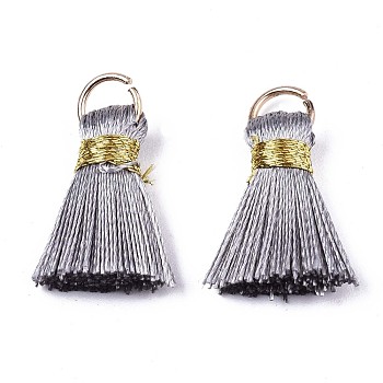 Handmade Polycotton(Polyester Cotton) Tassel Decorations, Pendant Decorations, with Golden Iron Loops, Silver, 17~21x10x5mm, Jump Ring: 6x0.7mm, Inner Diameter: 4.6mm