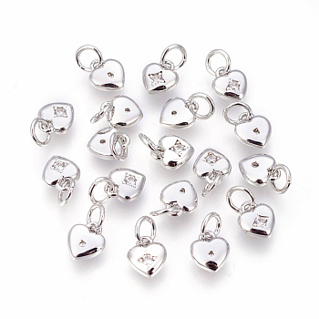 Brass Micro Pave Cubic Zirconia Charms, Heart, Platinum, 7.5x6.5x2mm, Hole: 3~3.5mm