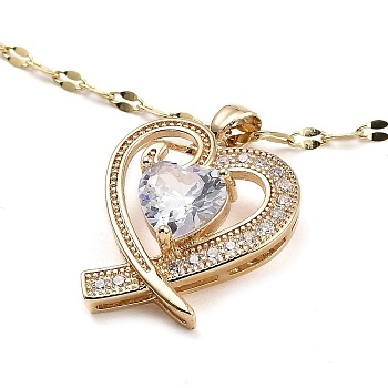 Heart Light Gold Brass Micro Pave Cubic Zirconia Pendant Necklaces, with Glass, Clear, 16.14 inch(41cm)