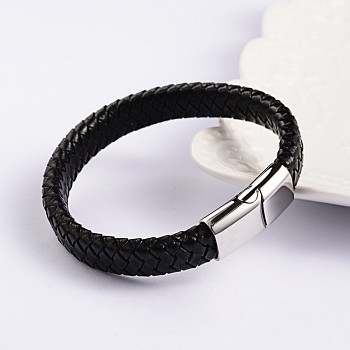 Trendy Leather Braided Cord Bracelets, with 304 Stainless Steel Magnetic Clasps, Black, 220x12x6mm