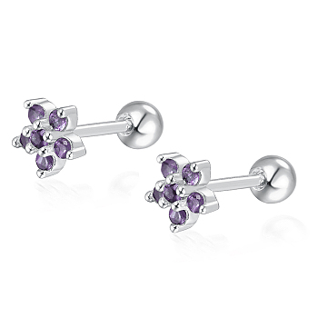 S925 Sterling Silver Flower Stud Earrings, with Cubic Zirconia, Silver, Silver, 5x3mm