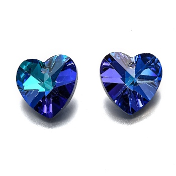 Romantic Valentines Ideas Glass Charms, Faceted Heart Pendants, Blue, 18x18x10mm, Hole: 1mm