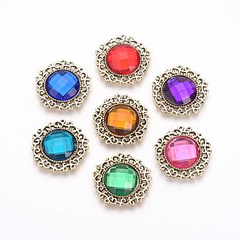 Alloy Rhinestone Flat Back Cabochons, with Acrylic Rhinestone, Pentagon, Antique Golden, Mixed Color, 24x24x4mm