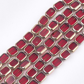 Electroplate Glass Beads Strands, Edge Plated, Rectangle, Red, 9.5~10x7.5~8x4mm, Hole: 1mm, about 30pcs/strand, 11.4 inch