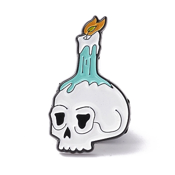 Skull with Candle Enamel Pin, Creative Alloy Brooch for Halloween, Electrophoresis Black, Cyan, 28x16.5x1mm