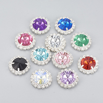 Brass Rhinestone Flat Back Cabochons, with Acrylic Rhinestone, Flat Round, Silver Color Plated, Mixed Color, 24.5~25x8mm, Hole: 10mm