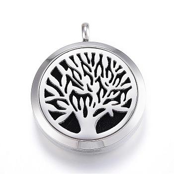 316 Surgical Stainless Steel Diffuser Locket Pendants, with Perfume Pad and Magnetic Clasps, Flat Round with Tree of Life, Black, 36.5x30x6.5~7mm, Hole: 5mm