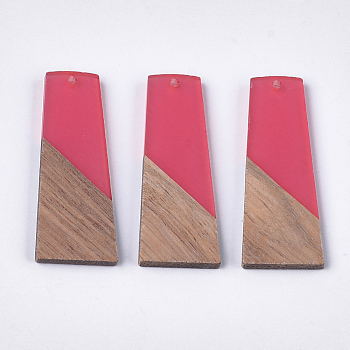 Resin & Walnut Wood Pendants, Trapezoid, Hot Pink, 49~49.5x19~19.5x3.5mm, Hole: 2mm