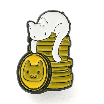 Cartoon Style Enamel Pins, Black Alloy Badge for Backpack Clothes, Cat & Coin, 23.5x16.5x1mm
