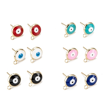 Eco-Friendly Brass Enamel Stud Earring Findings, with Loops, Real 18K Gold Plated, Flat Round with Eviel Eye, Mixed Color, 13x10mm, Hole: 1.8mm, Pin: 0.7mm