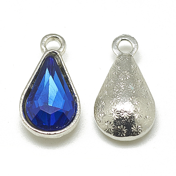 Alloy Glass Pendants, Faceted, teardrop, Platinum, Royal Blue, 18x10x5mm, Hole: 2mm