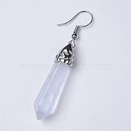 Natural Quartz Crystal Dangle Earrings, with Alloy Findings, Bullet, Platinum, 51~55mm, Pendant: 35~36x9~9.5mm, Pin: 0.6mm(EJEW-K069-A01)
