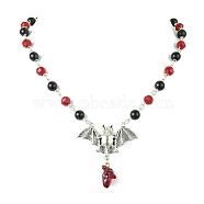 8mm Round Natural Black Onyx(Dyed & Heated) & Glass Necklaces, Halloween Alloy Bat & Resin Anatomical Heart Pendant Necklaces, 19.49 inch(49.5cm)(NJEW-JN04992)