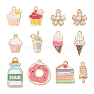 12 Style Alloy Enamel Pendants, Cupcake & Cake & Ice-cream & Milkshake & Bottle & Doughnut & Sakura Flower, Light Gold, Mixed Color, 20pcs/bag(ENAM-FS0001-14)