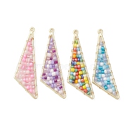 Golden Alloy Big Pendants, with Glass Seed Beaded, Triangle Charms, Mixed Color, 57x17x3.5mm, Hole: 1.7mm(PALLOY-JF02126)