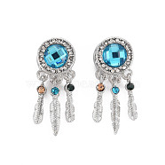 Rack Plating Alloy European Dangle Charms, with Resin and Rhinestone, Large Hole Beads, Cadmium Free & Nickel Free & Lead Free, Woven Net/Web with Feather, Platinum, Sky Blue, 20x11x11mm, Hole: 5mm(MPDL-N039-116)