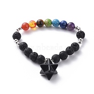 Yoga Chakra Jewelry, Stretch Charm Bracelets, with Natural Obsidian & Gemstone Beads, Round Brass Spacer Beads, Merkaba Star, 2-1/8 inch(5.5cm)(BJEW-JB04693-03)