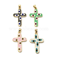Rack Plating Alloy Enamel Pendants, Cross Charms with Glass, Long-Lasting Plated, Lead Free & Cadmium Free, Golden, Mixed Color, 41.5x26x3mm, Hole: 7x3.7mm(PALLOY-K010-29G)