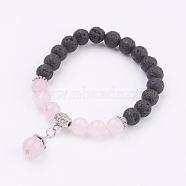 Natural Lava Rock and Rose Quartz Charm Bracelets, with Alloy Findings, Round, 2-1/8 inch(54mm)(BJEW-P180-D09)
