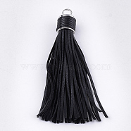 PU Leather Tassel Big Pendants Decorations, with Alloy Findings, Platinum, Black, 111~114x16~17mm, Hole: 6mm(FIND-T048-07A)