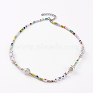 Glass Seed Beaded Necklaces, with ABS Plastic Imitation Pearl Beads, Acrylic Heart Beads and Platinum Plated Alloy Lobster Claw Clasps, Colorful, 16.53 inch(42cm)(NJEW-JN03290-02)