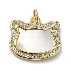 Brass Micro Pave Cubic Zirconia Pendants, with Shell, Cat, Real 18K Gold Plated, 16x18x3mm, Hole: 3.4mm(KK-Q808-13G)