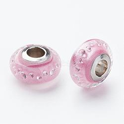 304 Stainless Steel Resin European Beads, with Cubic Zirconia and Enamel, Rondelle, Large Hole Beads, Pearl Pink, 14.5x8mm, Hole: 5mm(RPDL-G001-B14)
