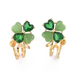 Brass Stud Earring Findings, with Glass, for Half Drilled Beads, Clover, Real 18K Gold Plated, Cadmium Free & Nickel Free & Lead Free, Green, 17x12mm, Pin: 0.7mm and 0.8mm(for half drilled beads)(KK-N216-533)