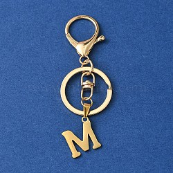304 Stainless Steel Initial Letter Charm Keychains, with Alloy Clasp, Golden, Letter M, 8.5cm(KEYC-YW00005-13)