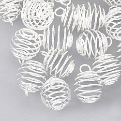 Iron Wire Pendants, Cage Pendants, Round, Silver Color Plated, 17x14mm, Hole: 3.5mm(X-IFIN-Q125-02A-S)