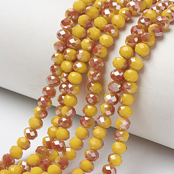 Electroplate Opaque Solid Color Glass Beads Strands, Half Plated, Rainbow Plated, Faceted, Rondelle, Gold, 4x3mm, Hole: 0.4mm, about 123~127pcs/strand, 16.5~16.9 inch(42~43cm)(EGLA-A034-P4mm-J11)