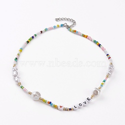 Glass Seed Beaded Necklaces, with ABS Plastic Imitation Pearl Beads, Acrylic Heart Beads and Platinum Plated Alloy Lobster Claw Clasps, Colorful, 16.53 inch(42cm)(NJEW-JN03290-02)