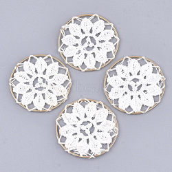 Polycotton(Polyester Cotton) Woven Pendant Decorations, with Brass Findings, Flat Round with Flower, Light Gold, White, 35x1mm(X-FIND-Q078-12J)