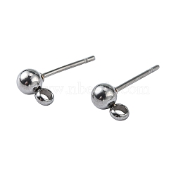 304 Stainless Steel Stud Earring Findings, Ball Post Earring Studs, with Loop, Stainless Steel Color, 15x7x4mm, Hole: 1.7~2mm, Pin: 0.8mm(X-STAS-E026-3)