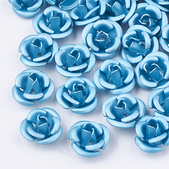 Aluminum Beads, Frosted, Long-Lasting Plated, 3-Petal Flower, Sky Blue, 6x4.5mm, Hole: 0.8mm