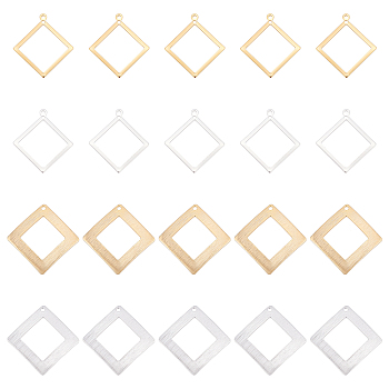 40Pcs 4 Style  Rack Plating Eco-friendly Brass Pendants, Lead Free & Cadmium Free, Long-Lasting Plated, Hollow Rhombus, Golden & Silver, 23~25x21~25x1~2mm, Hole: 1~1.5mm, 10pcs/style